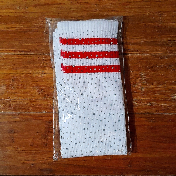 ●LAST PAIR●NWT FACTORY SEALED.Wht/Red Stripe Rhinestone Embellis Thigh High Sock - Picture 3 of 3